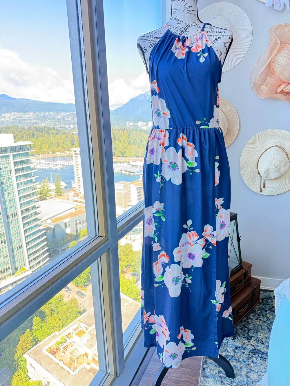 Navy Floral Halter Maxi Dress Size Medium